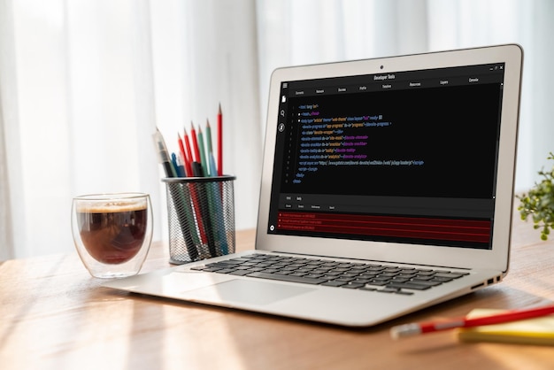 Software development programming on computer screen for modish application and program coding