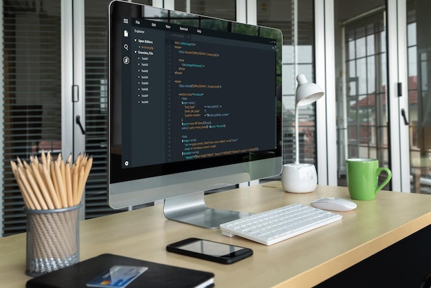 Software development programming on computer screen for modish application and program coding