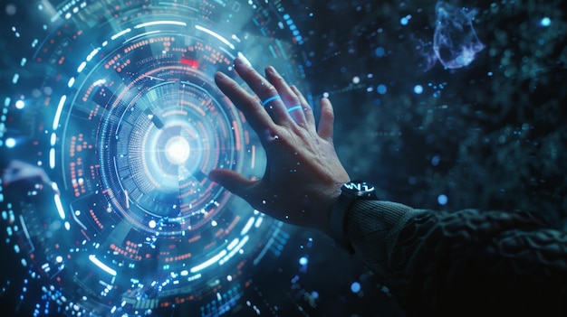 Software engineer interacting with futuristic holographic interface