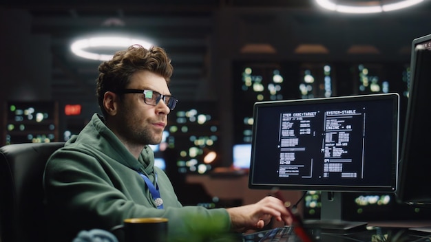 software engineer looking monitors in monitoring office closeup analyst typing