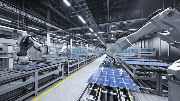 Solar panel factory with industrial robot arms 3D illustration
