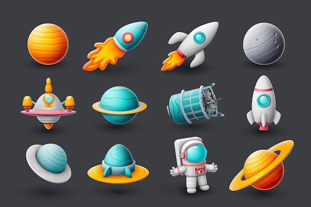 Space 3d vector icon set Astronaut planet satellite rocket flying saucer comet cartoon