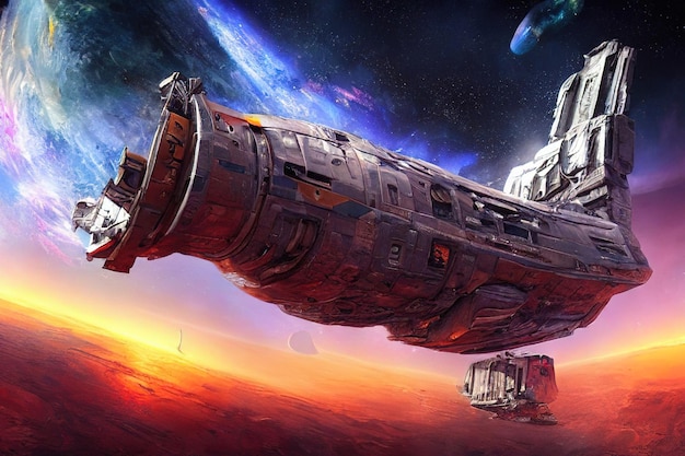 spaceship or ufo alien spacecraft approaching the planet digital painting