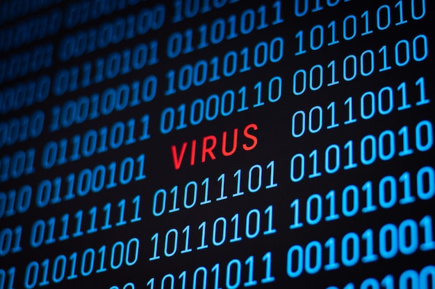 Special program found virus in binary code of the program. Concept of cybercrime, hacker attack