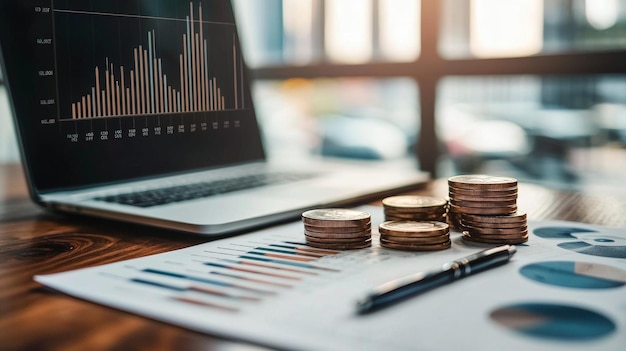 stack of coins and financial chart on a desk