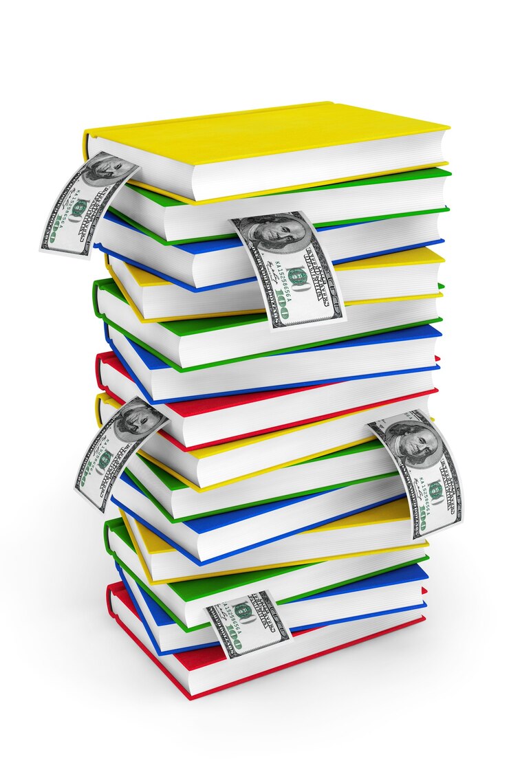 Photo stack of colorful books with dollar bills on a white background