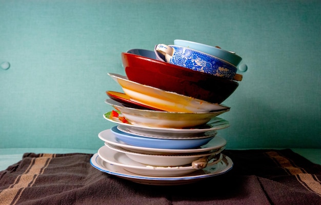 Stack of food on table against wall