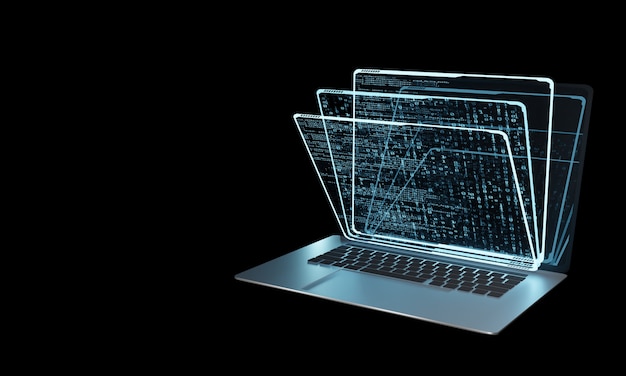 stack of virtual hologram panels on laptop computer