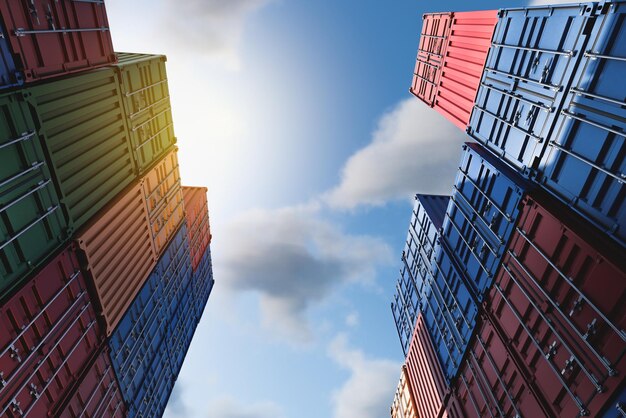 stacked cargo containers for temporary storage loading unloading and sorting at the container point