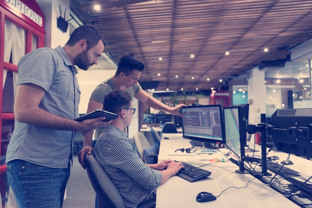 startup business people group working as team to find  solution to problem
