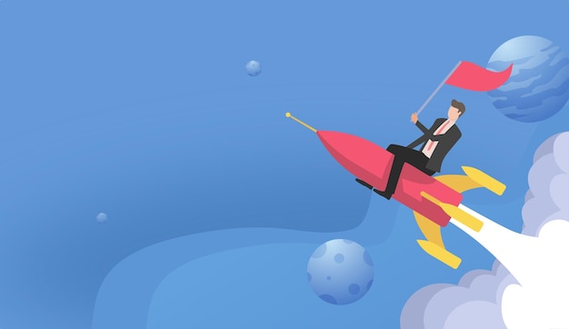 startup concept with businessman riding rocket ship with copyspace