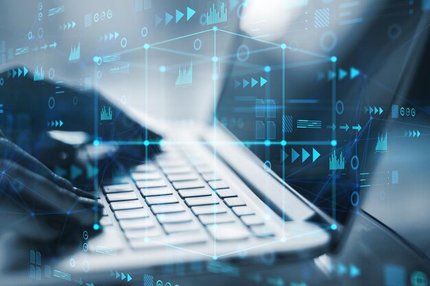stats data concept with digital graphic glowing cube with arrows and graphs on human hands typing on modern laptop keyboard background double exposure