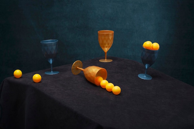 still life with orange balls and glasses