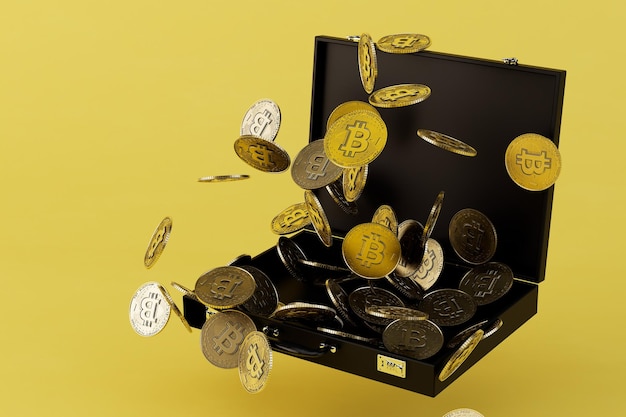 storage of cash in the case open black case with dollar coins on a yellow background 3d render