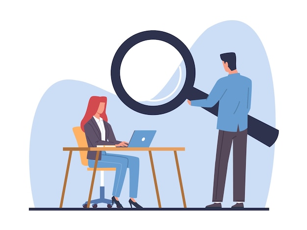 strict supervisor observes an employees work woman working on laptop at workplace manager hold magnifying glass managers control cartoon flat isolated vector supervision concept