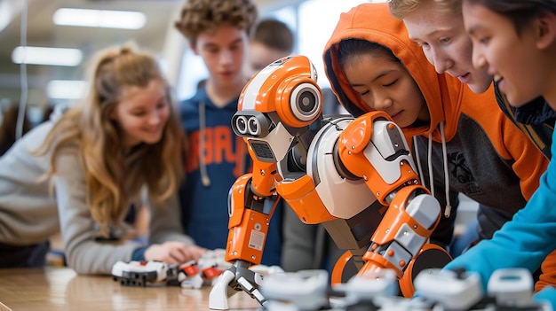 students working on a robot with a robot in the background