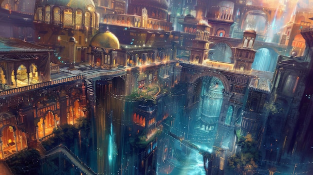 Stunning fantasy city with intricate architecture vibrant lights glowing waterways and towering structures Ideal for fantasy scifi and adventure themes