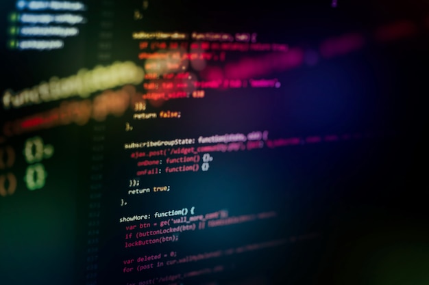 Sử dụng CSS, JavaScript và HTML. Theo dõi cận cảnh mã nguồn hàm. Nền công nghệ thông tin trừu tượng. Mã nguồn phần mềm.