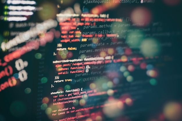 Sử dụng CSS, JavaScript và HTML. Theo dõi cận cảnh mã nguồn hàm. Nền công nghệ thông tin trừu tượng. Mã nguồn phần mềm.
