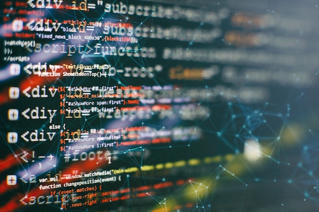 Sử dụng CSS, JavaScript và HTML. Theo dõi cận cảnh mã nguồn hàm. Nền công nghệ thông tin trừu tượng. Mã nguồn phần mềm.