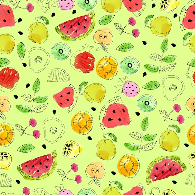 summer fruit doodles seamless pattern design with lime background