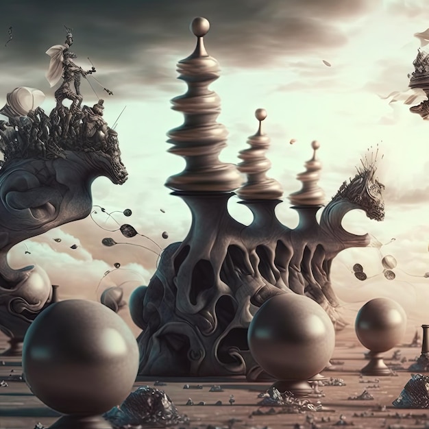 surreal chess game board and pieces figurines intricate figurines designn beautiful made art