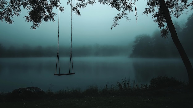 swing hanging from a tree by the water