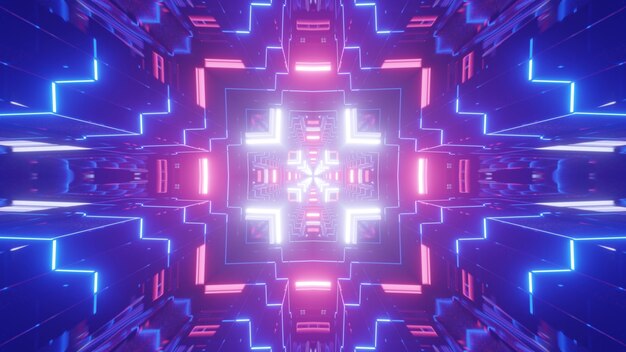 Symmetric 3D illustration of bright blue tunnel illuminated with bright colorful neon ornament
