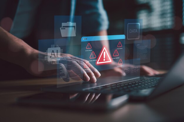 System warning alert with AI and data error concept Man working on laptop with futuristic interface showing critical error signs system failure data breach and cyber risk notifications