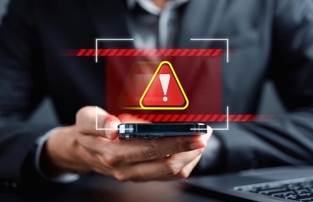 System warning caution sign for notification error and maintenance concept cyber attack on computer network Cybersecurity vulnerability data breach illegal connection compromised information