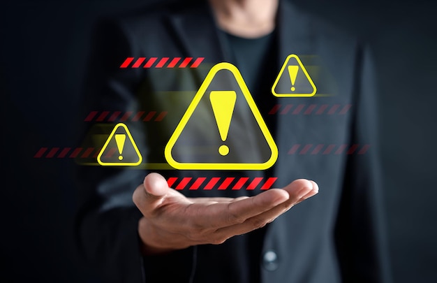 System warning caution sign for notification error and maintenance concept cyber attack on computer network