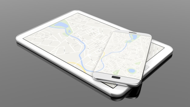 tablet and smartphone with map on screen isolated on black background