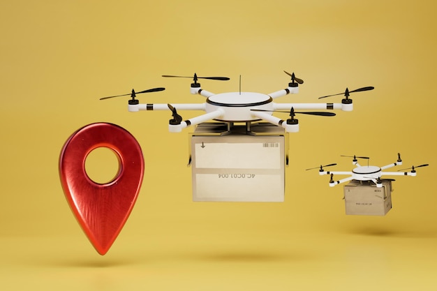 Targeted delivery of parcels by drones drones with parcels and the point jps on a yellow background