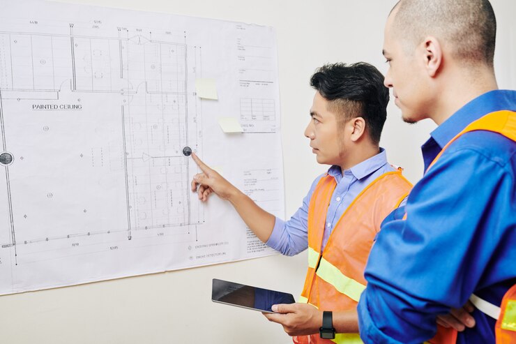 Photo team of engineers discussing blueprint