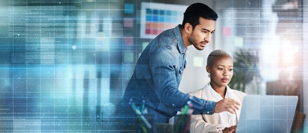teamwork laptop and overlay with business people in office for creative networking and review collaboration mockup and startup with man and black woman research in digital agency for website