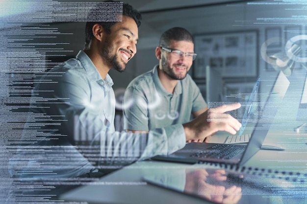 teamwork laptop hologram and people with data analytics cyber security research and cloud computing coding programming and developer business men with software strategy planning in night overlay