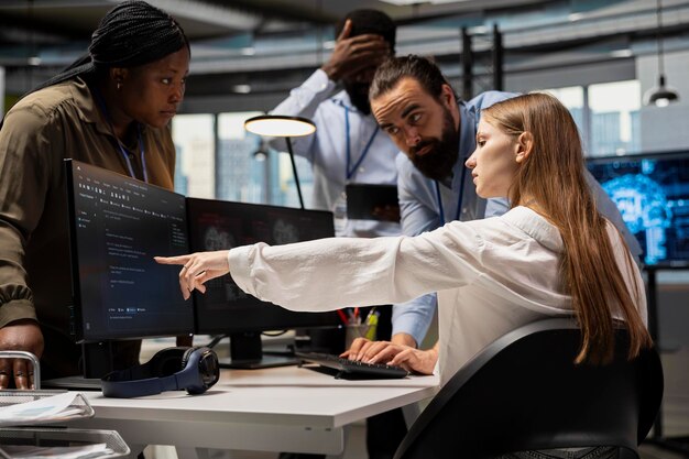 Teamworking programmers doing brainstorming adjusting deep learning algorithms parameters to