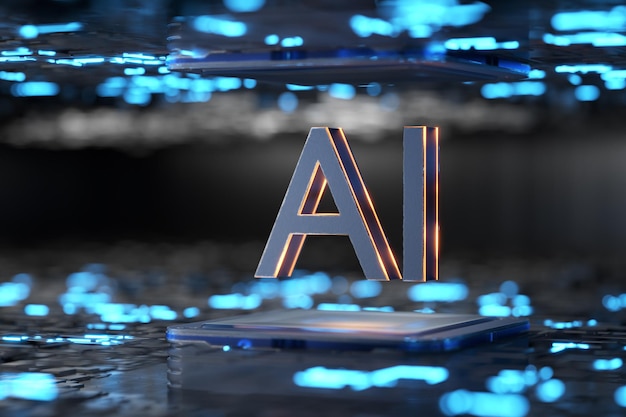 Technological inscription AI Deep machine learning AI artificial intelligence concept The development of artificial intelligence 3D rendering