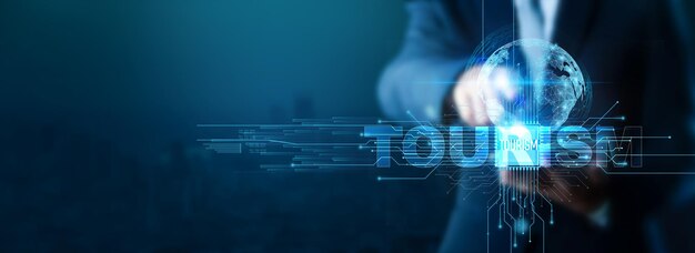technology and businessman using tourism technology with a smartphone on a global network