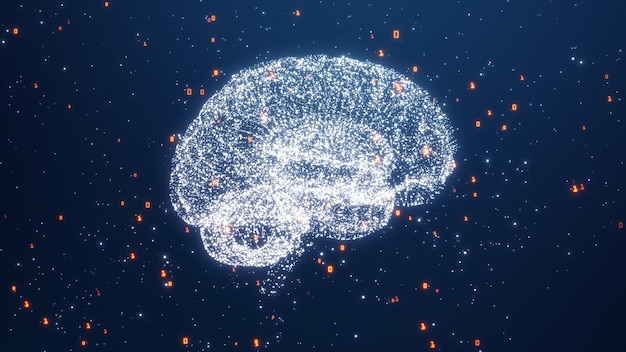 Technology Artificial intelligence (AI) brain animation digital data concept. Big Data Flow Analysis. Deep Learning Modern Technologies. Futuristic Cyber Technology Innovation. 3D Rendering.