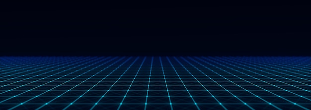 Technology perspective grid Digital space wireframe landscape Blue mesh on a black background 3d rendering