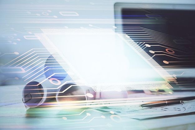 technology theme drawing and table with computer double exposure concept of information