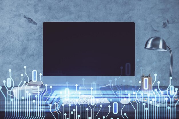 Technology theme drawing and table with computer Double exposure Concept of information
