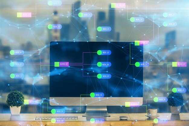 Technology theme drawing and table with computer Multi exposure Concept of information