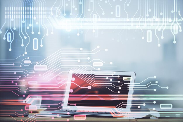 technology theme drawing and work space with computer double exposure concept of innovation