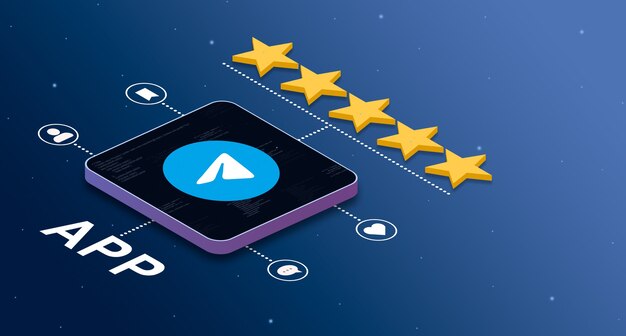 telegram application icon with a 5star rating and social activity badges 3d