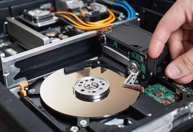 The abstract image of inside of hard disk drive on the technicians desk and a computer motherboard as a component the concept of data hardware and information technology