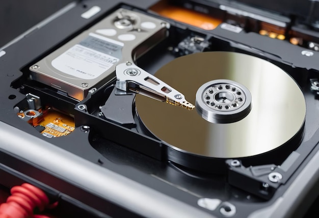 The abstract image of inside of hard disk drive on the technicians desk and a computer motherboard as a component the concept of data hardware and information technology