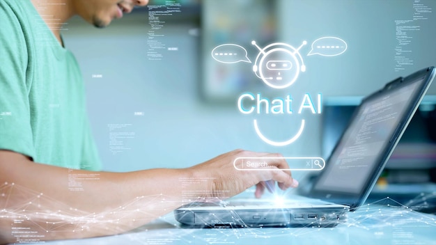the concept of a person using a computer to connect to chat ai technology to help process