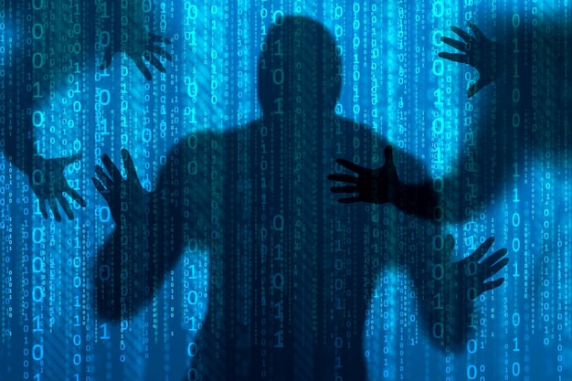 The concept of instability in computer networking Shadow of a thief with binary or digital background stealing information in the network